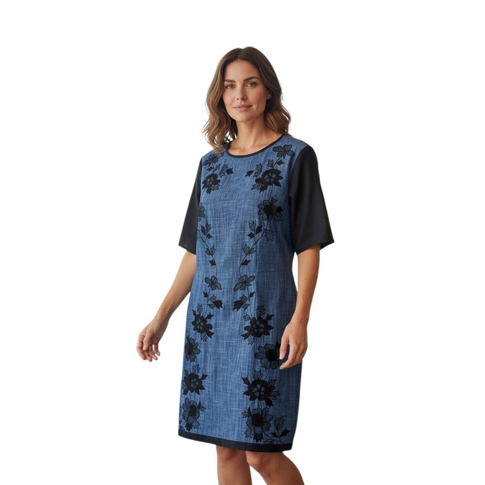 eShakti Women's L Dress Chambray Navy Blue Black Embroidered Floral Short Sleeve